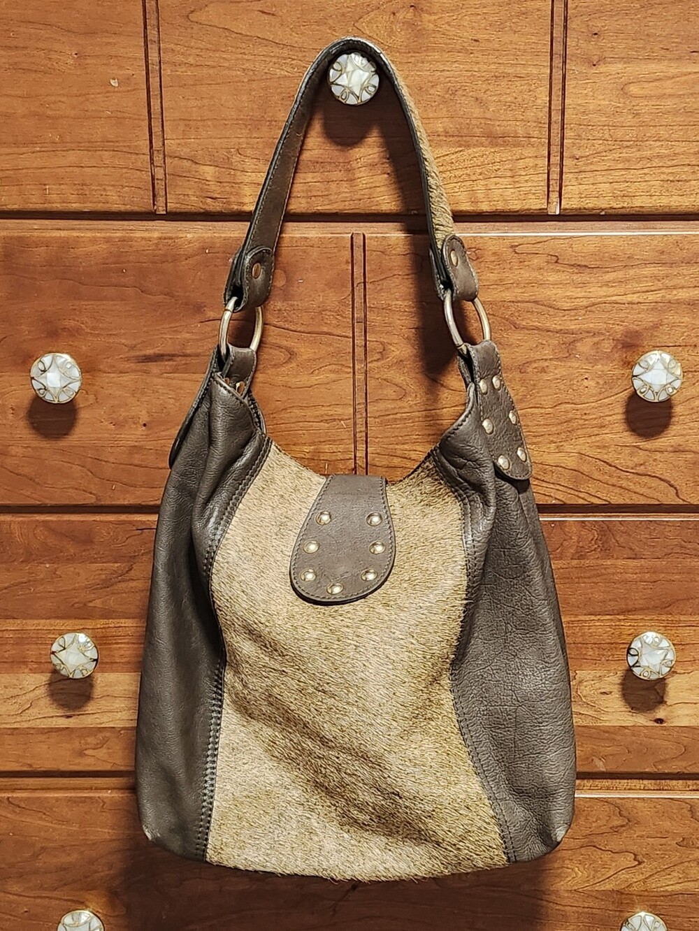 Maurizio Taiuti Tote Hobo Bag Brown Strap Cowhide Pony Hair Leather Handcrafted